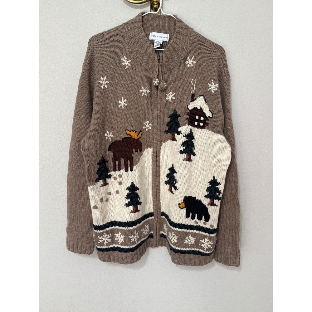 Croft & Barrow Full Zip Sweater Womens XL Brown Winter Moose Bear Cabin Knit